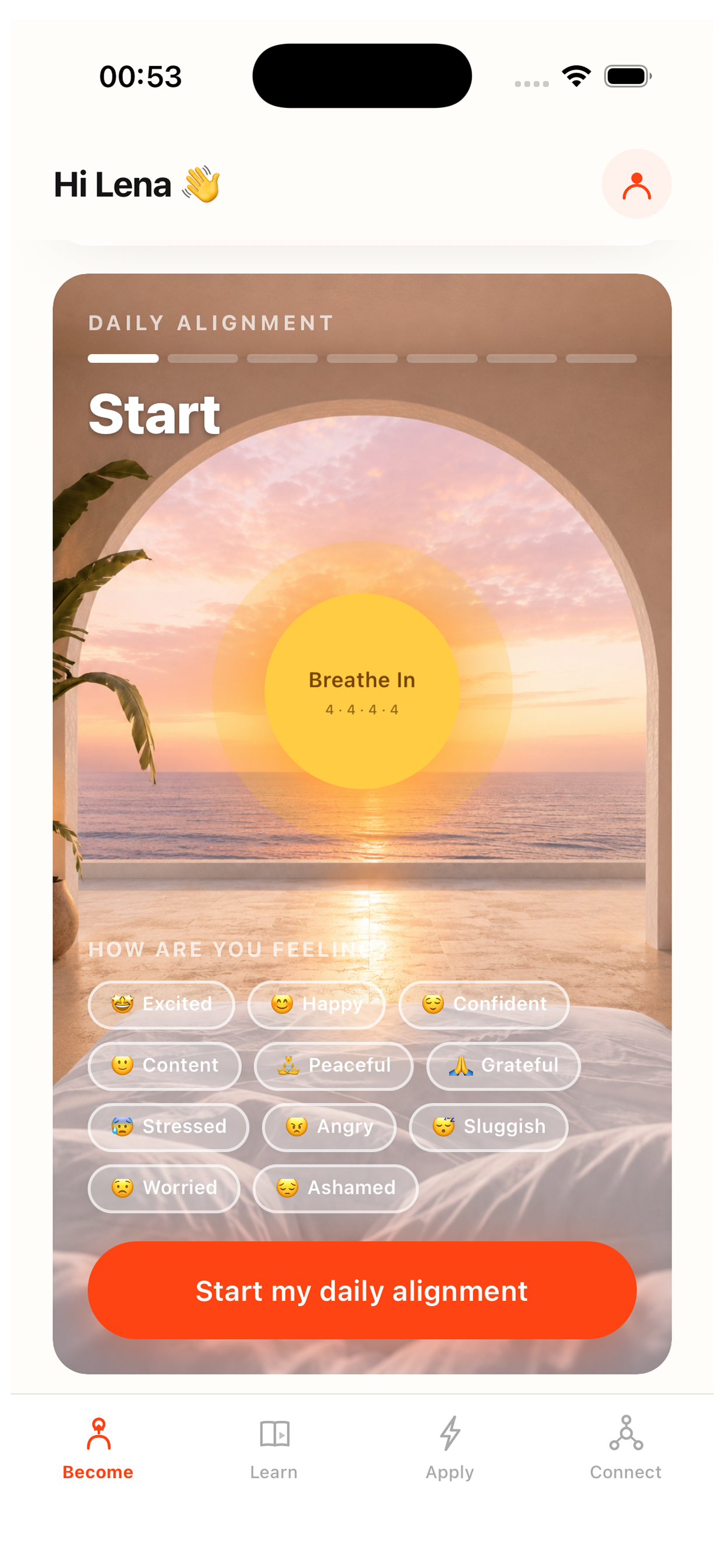 Breathe & Check In app screen